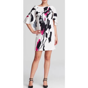 Milly White Black Pink Tokyo Abstract Print Mini Drape Dress Open Back sz 6 EUC